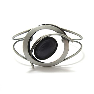 Dark Purple Oval in Brushed Circle Cuff Bracelet